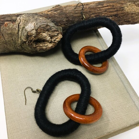 Handmade Oval Black Acrylic Wrapped Chunky Wood Dangle Chain Earrings - Picture 2 of 13